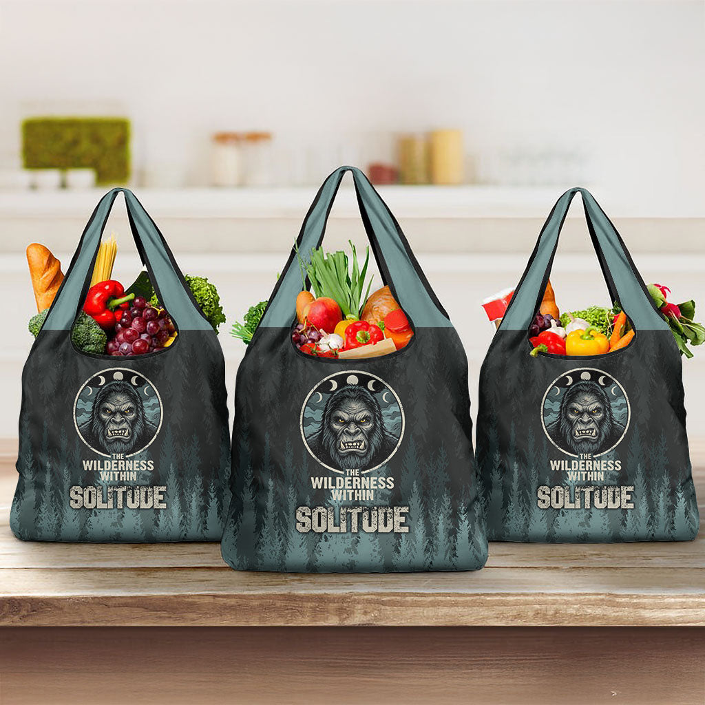 Bigfoot Wilderness Solitude Grocery Bag Cryptid Forest Graphic In Distressed Vintage Style