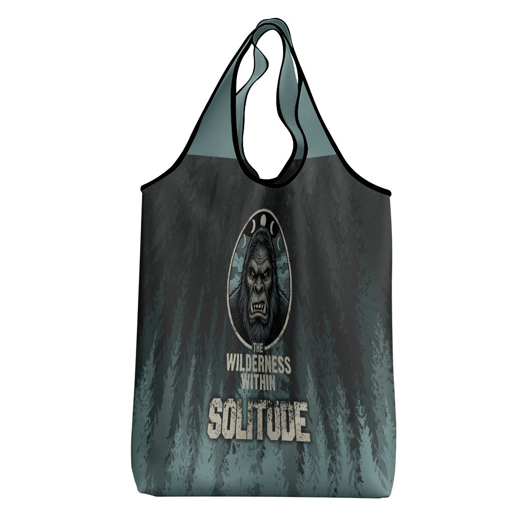 Bigfoot Wilderness Solitude Grocery Bag Cryptid Forest Graphic In Distressed Vintage Style