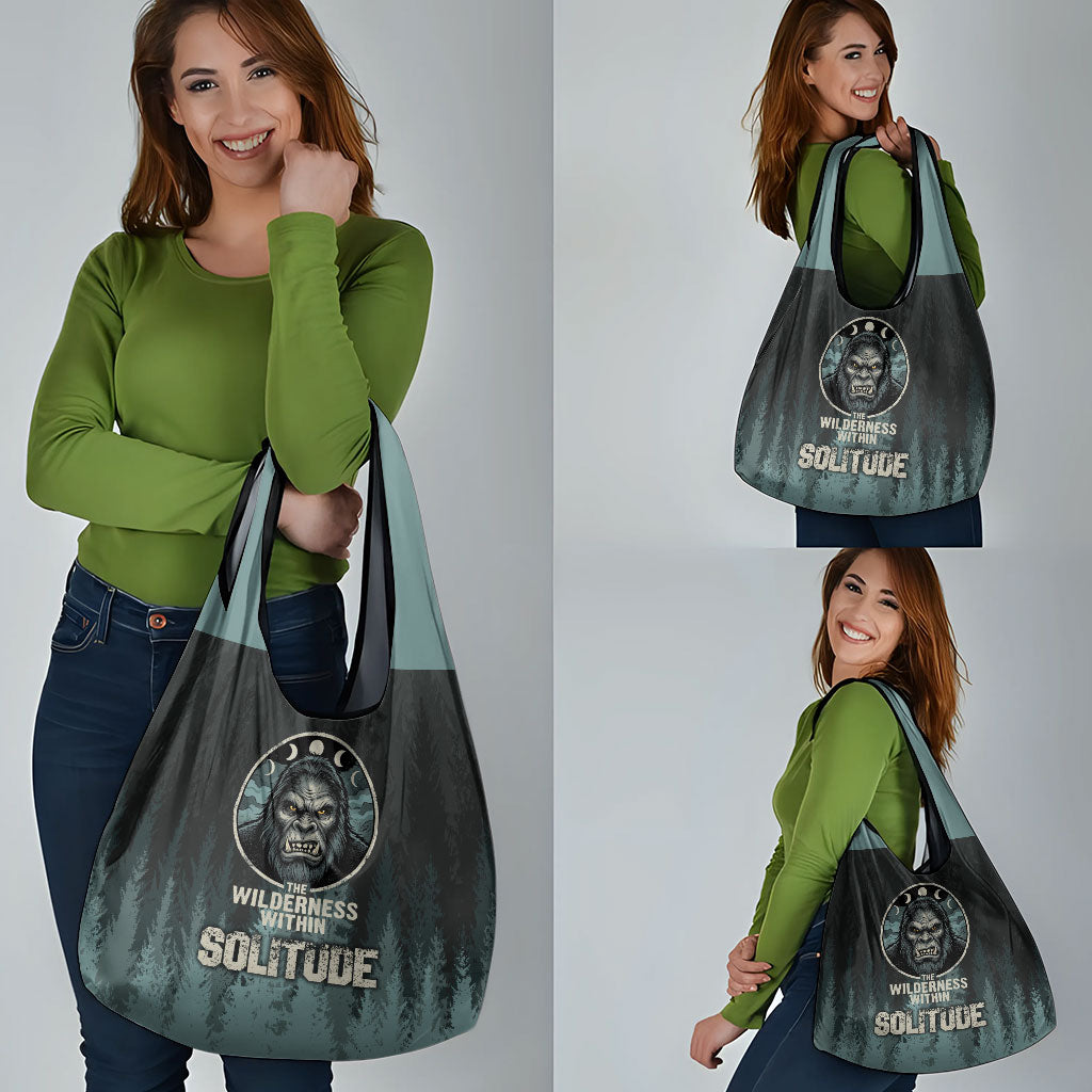 Bigfoot Wilderness Solitude Grocery Bag Cryptid Forest Graphic In Distressed Vintage Style
