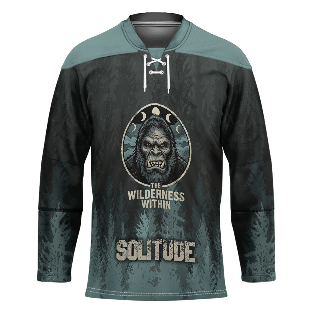 Bigfoot Wilderness Solitude Hockey Jersey Cryptid Forest Graphic In Distressed Vintage Style