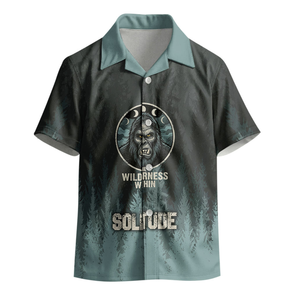 Bigfoot Wilderness Solitude Kid Hawaiian Shirt Cryptid Forest Graphic In Distressed Vintage Style