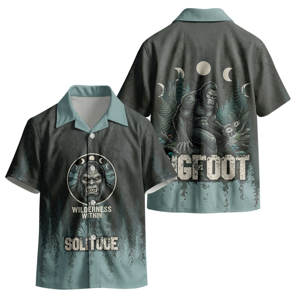 Bigfoot Wilderness Solitude Kid Hawaiian Shirt Cryptid Forest Graphic In Distressed Vintage Style