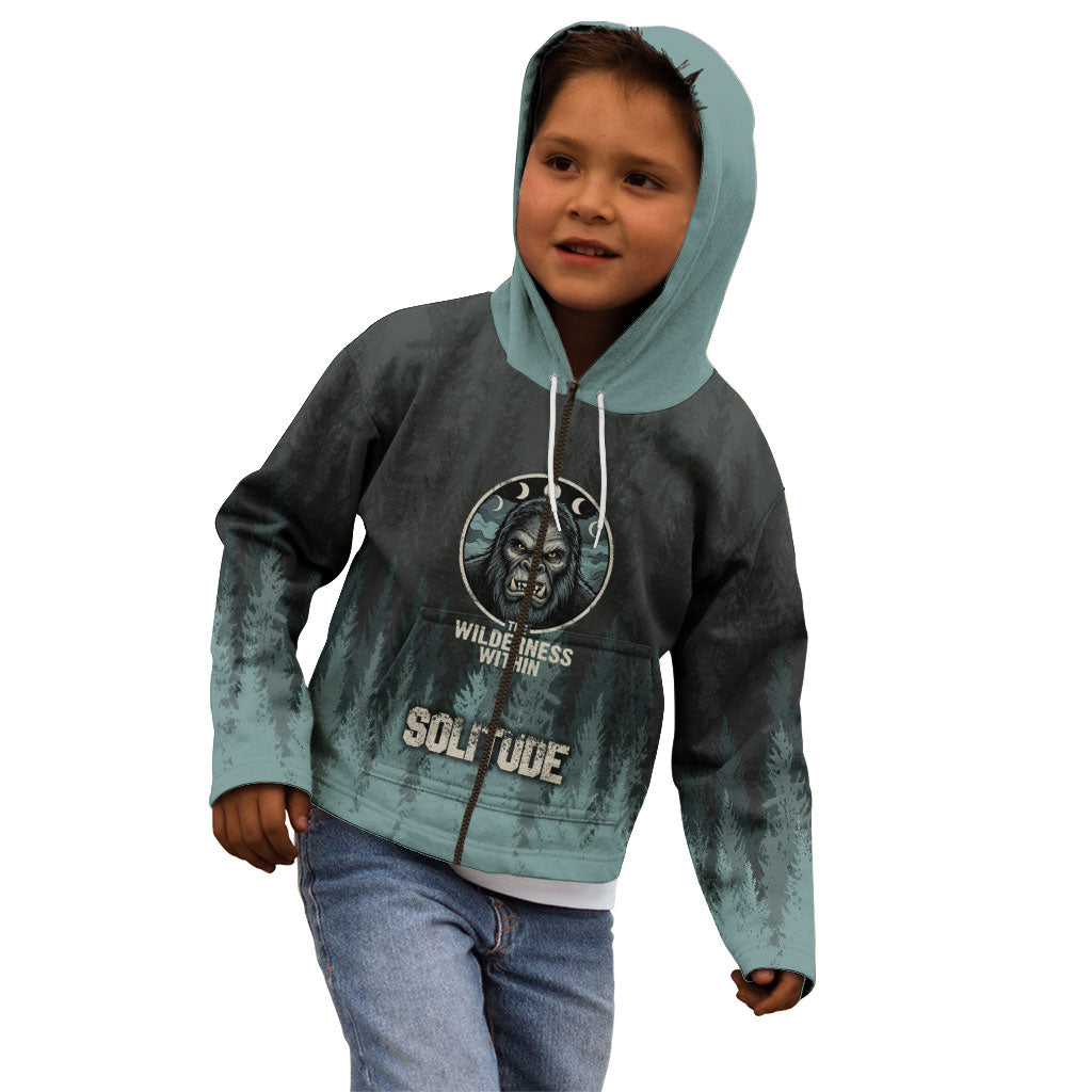Bigfoot Wilderness Solitude Kid Hoodie Cryptid Forest Graphic In Distressed Vintage Style