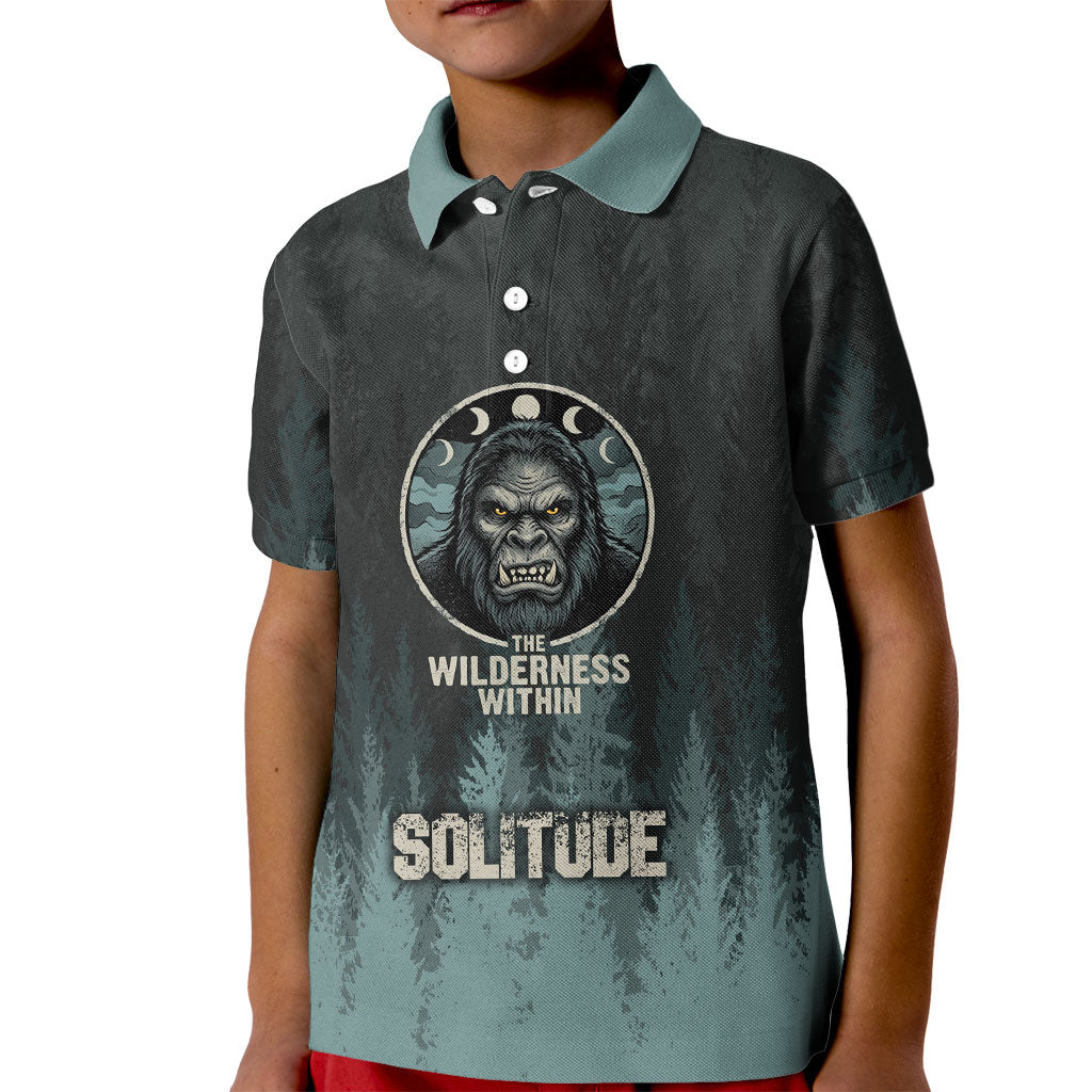 Bigfoot Wilderness Solitude Kid Polo Shirt Cryptid Forest Graphic In Distressed Vintage Style