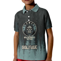 Bigfoot Wilderness Solitude Kid Polo Shirt Cryptid Forest Graphic In Distressed Vintage Style