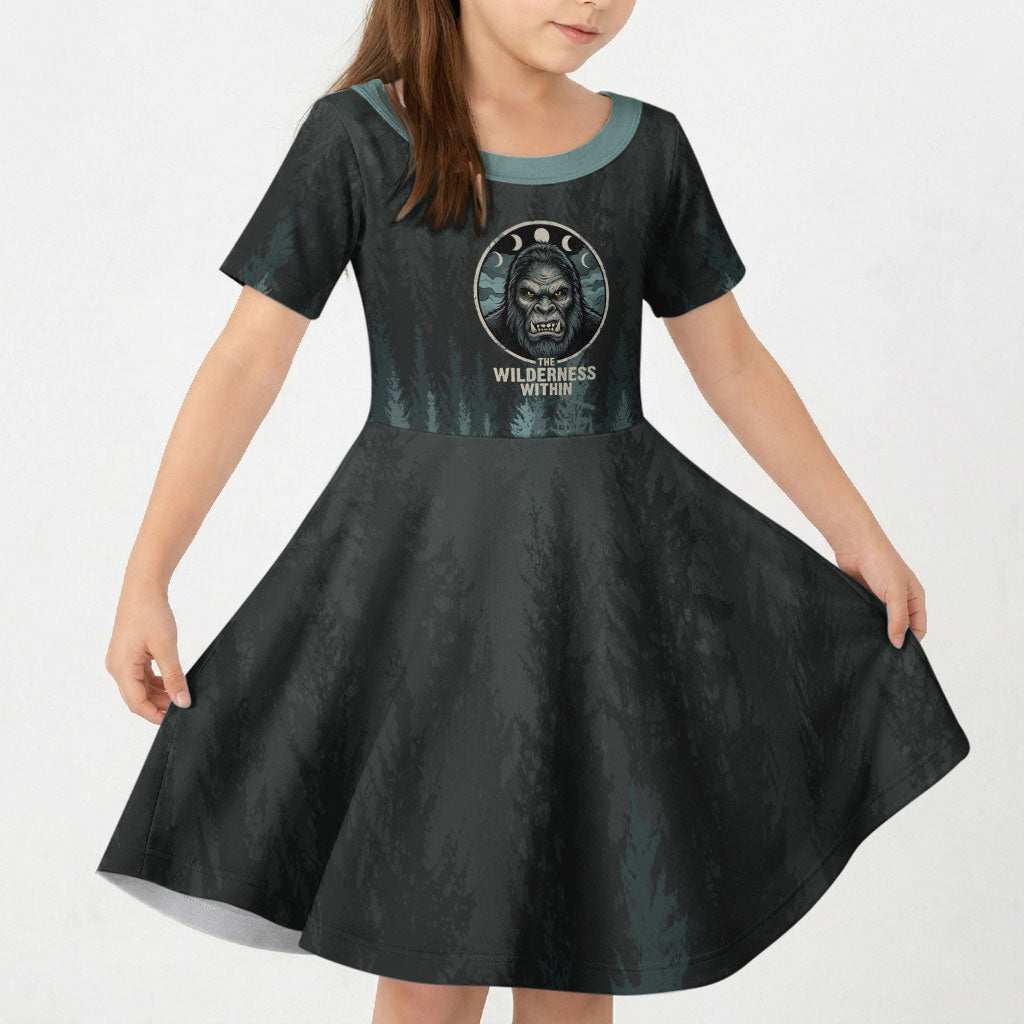Bigfoot Wilderness Solitude Kid Short Sleeve Dress Cryptid Forest Graphic In Distressed Vintage Style