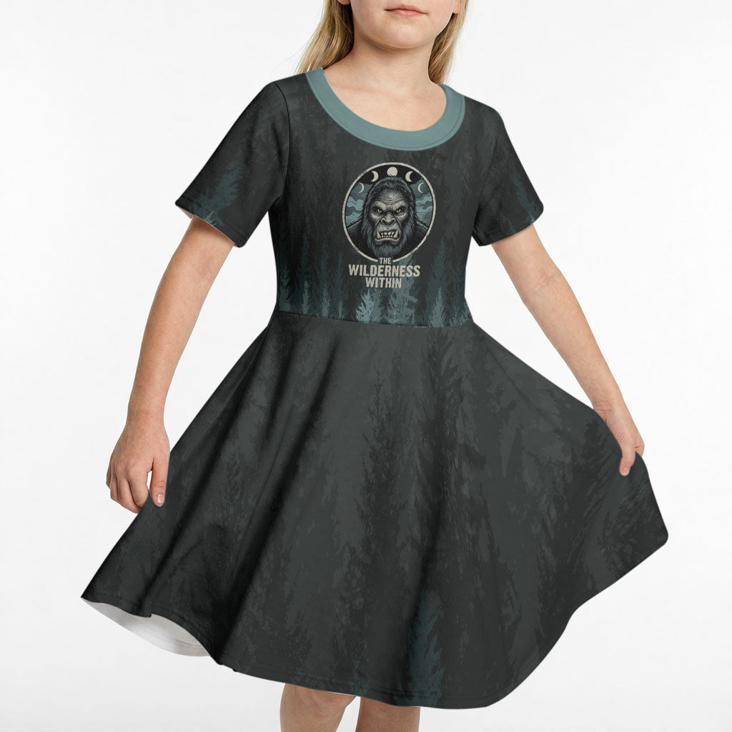 Bigfoot Wilderness Solitude Kid Short Sleeve Dress Cryptid Forest Graphic In Distressed Vintage Style