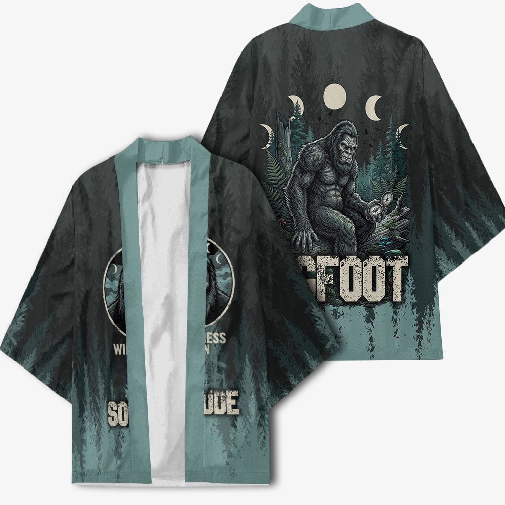Bigfoot Wilderness Solitude Kimono Cryptid Forest Graphic In Distressed Vintage Style
