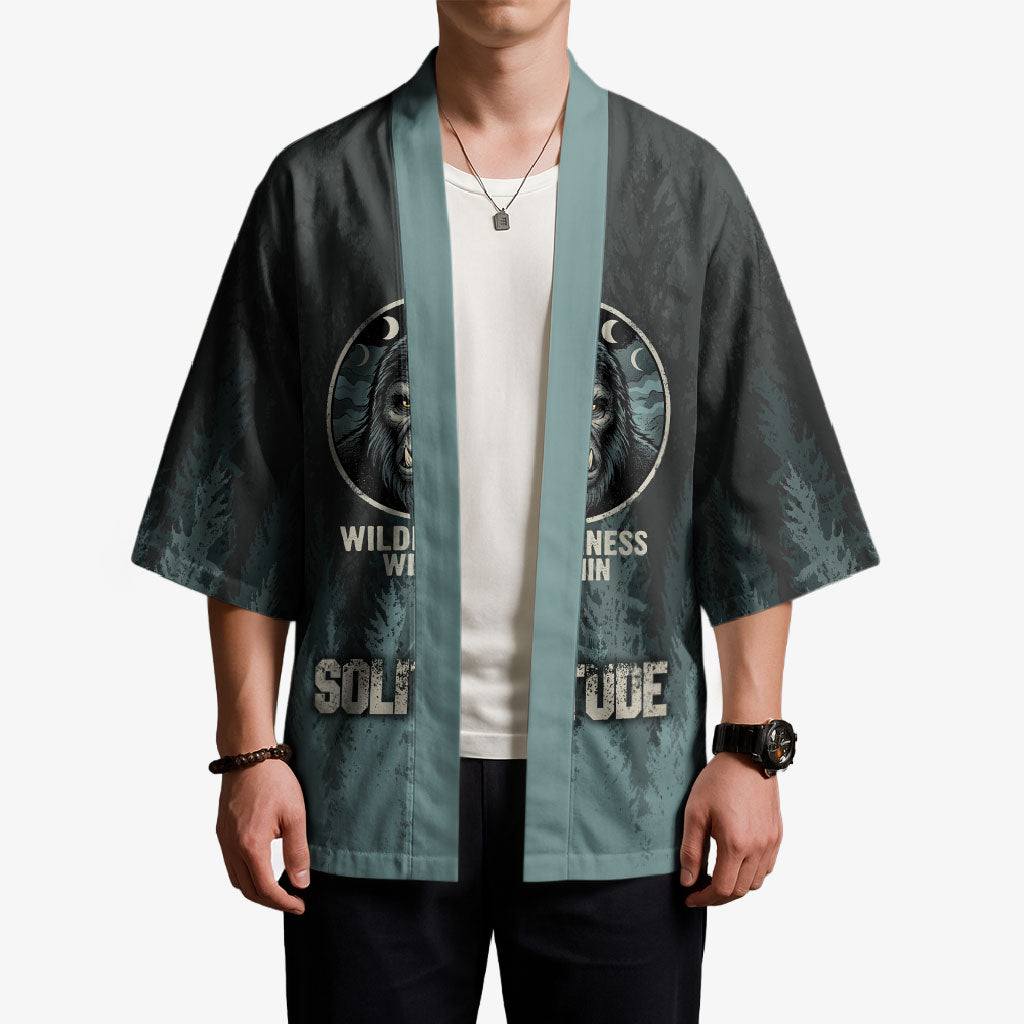 Bigfoot Wilderness Solitude Kimono Cryptid Forest Graphic In Distressed Vintage Style