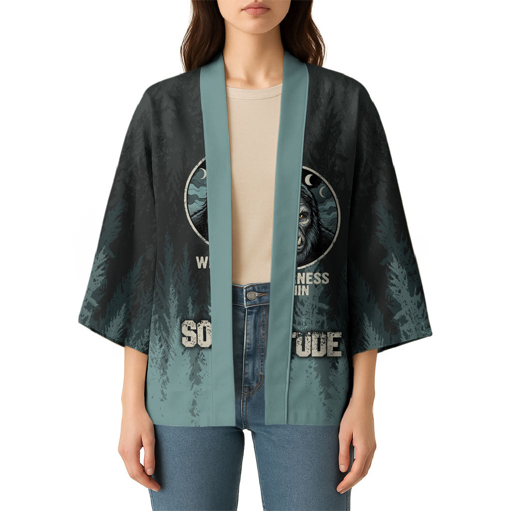 Bigfoot Wilderness Solitude Kimono Cryptid Forest Graphic In Distressed Vintage Style