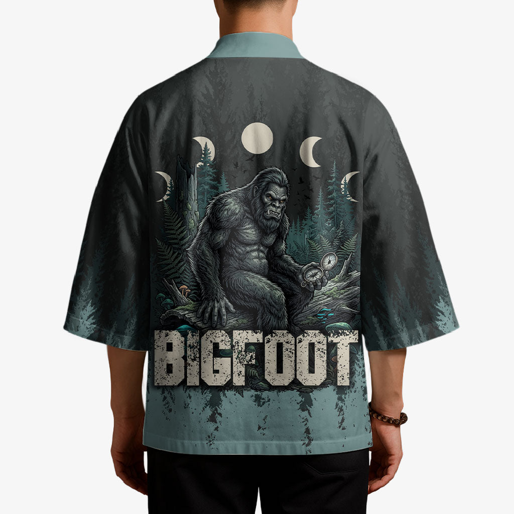 Bigfoot Wilderness Solitude Kimono Cryptid Forest Graphic In Distressed Vintage Style
