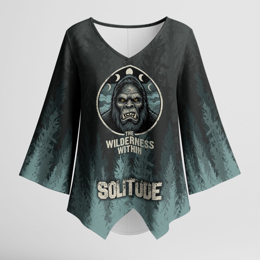 Bigfoot Wilderness Solitude Kimono Sleeve Blouse Cryptid Forest Graphic In Distressed Vintage Style