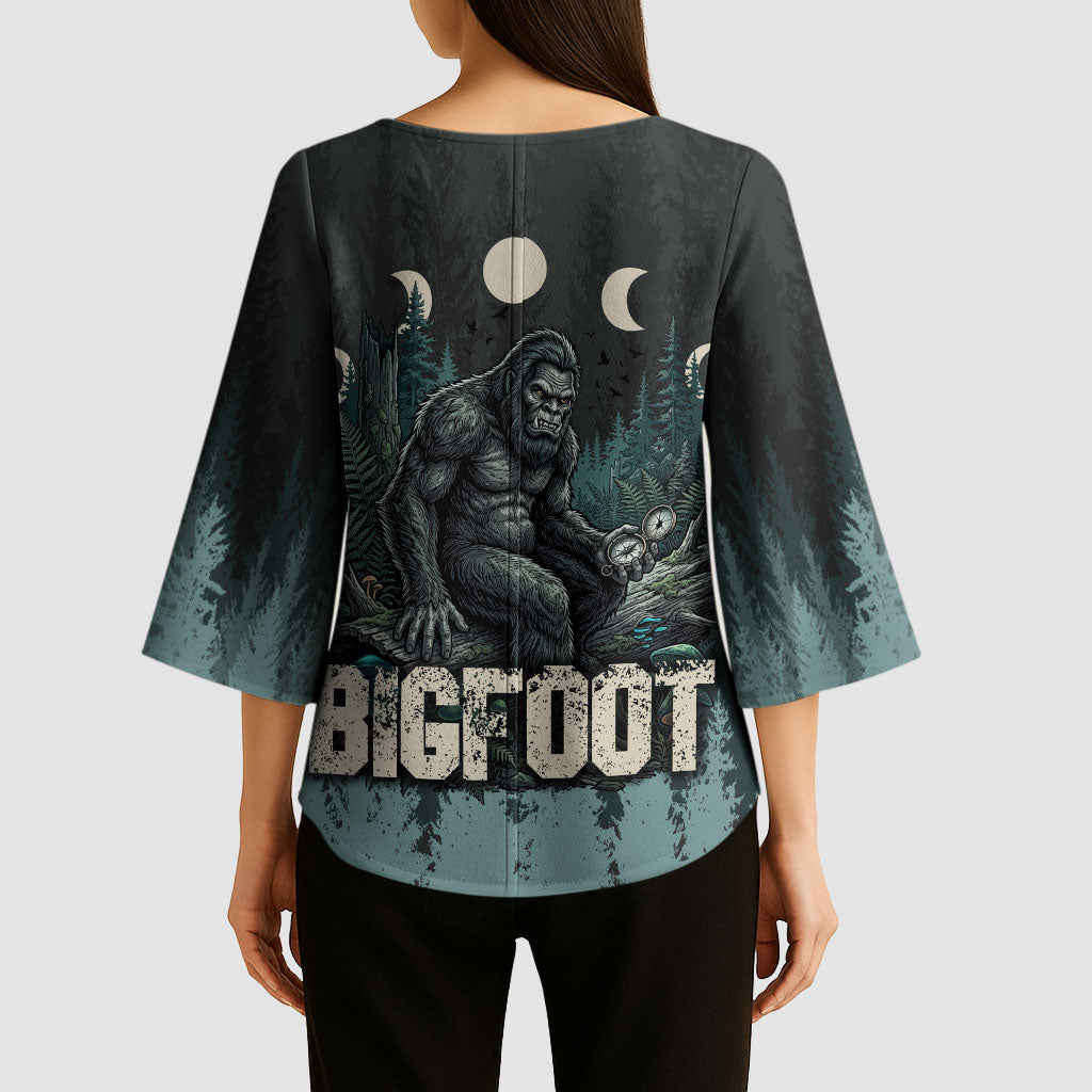 Bigfoot Wilderness Solitude Kimono Sleeve Blouse Cryptid Forest Graphic In Distressed Vintage Style