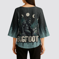 Bigfoot Wilderness Solitude Kimono Sleeve Blouse Cryptid Forest Graphic In Distressed Vintage Style