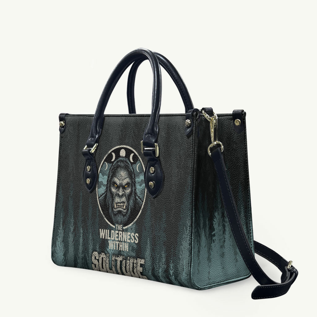 Bigfoot Wilderness Solitude Leather Bag Cryptid Forest Graphic In Distressed Vintage Style