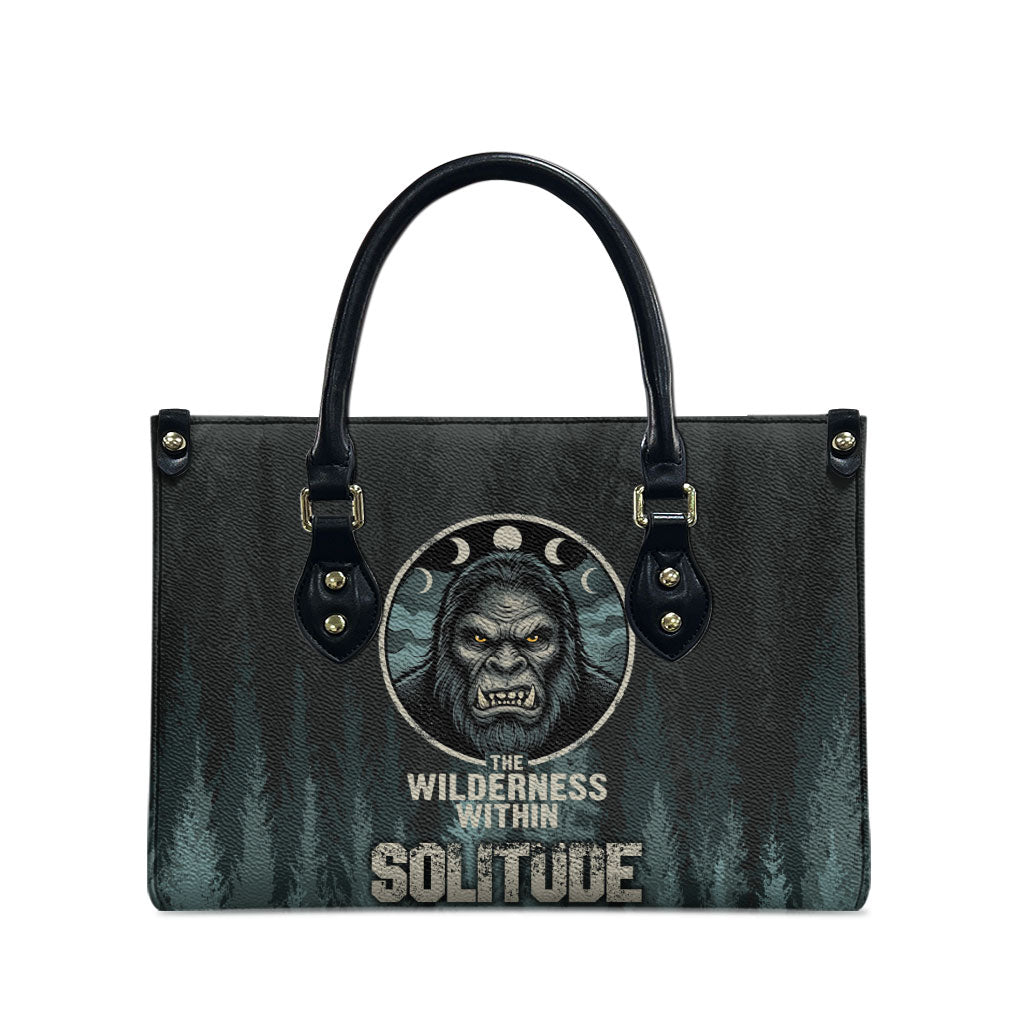 Bigfoot Wilderness Solitude Leather Bag Cryptid Forest Graphic In Distressed Vintage Style