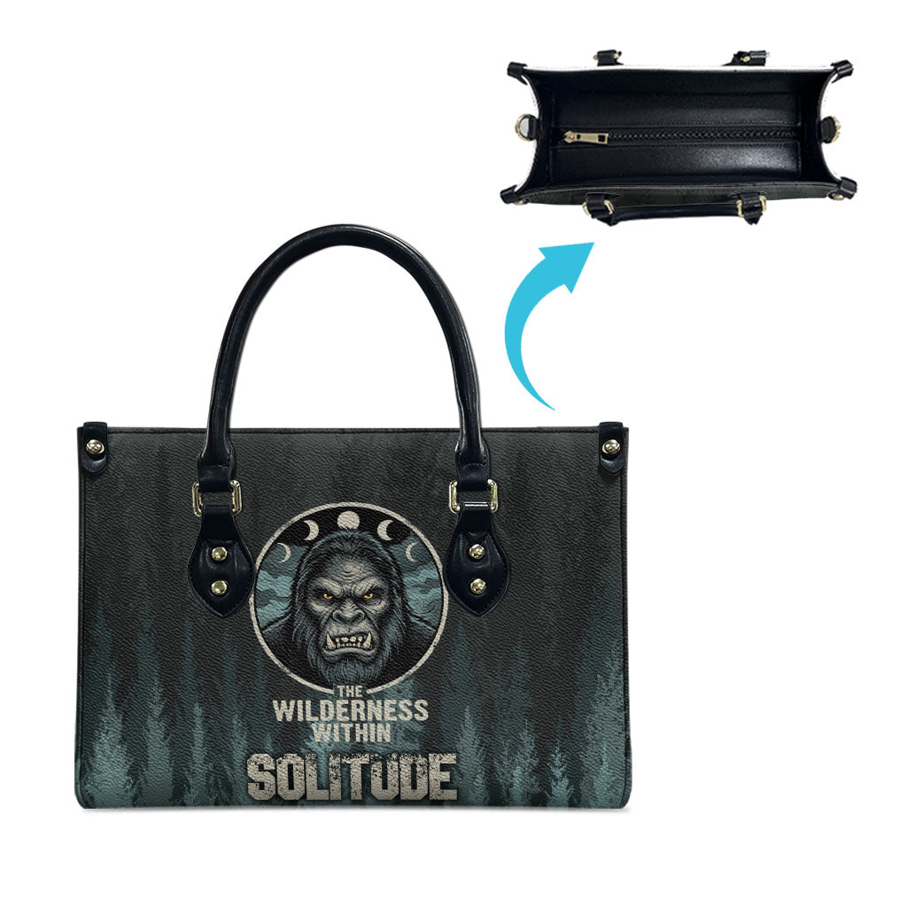 Bigfoot Wilderness Solitude Leather Bag Cryptid Forest Graphic In Distressed Vintage Style