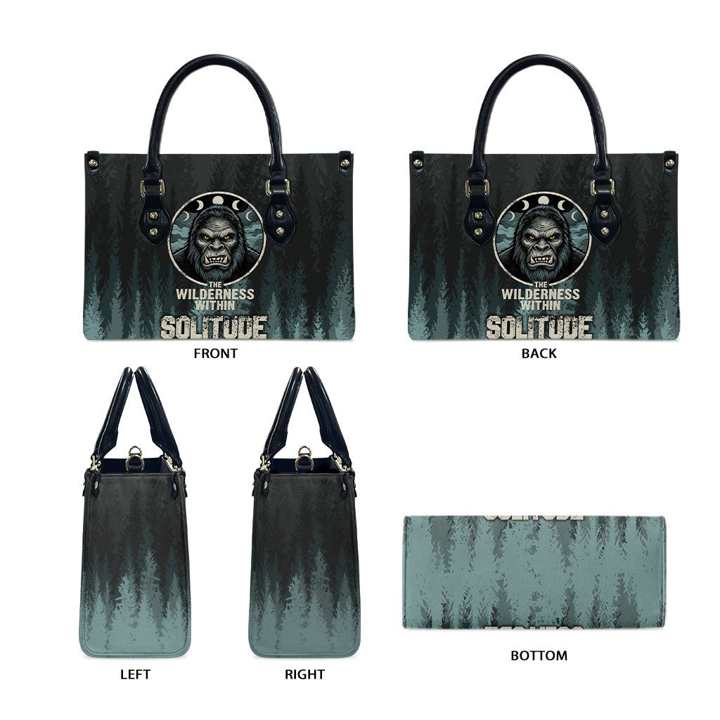 Bigfoot Wilderness Solitude Leather Bag Cryptid Forest Graphic In Distressed Vintage Style