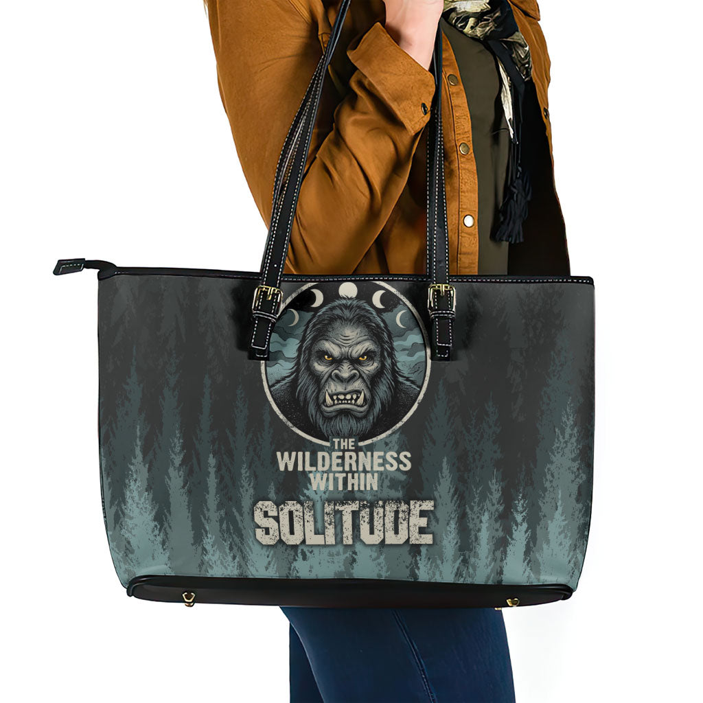 Bigfoot Wilderness Solitude Leather Tote Bag Cryptid Forest Graphic In Distressed Vintage Style
