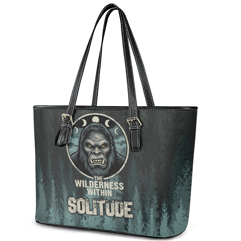 Bigfoot Wilderness Solitude Leather Tote Bag Cryptid Forest Graphic In Distressed Vintage Style