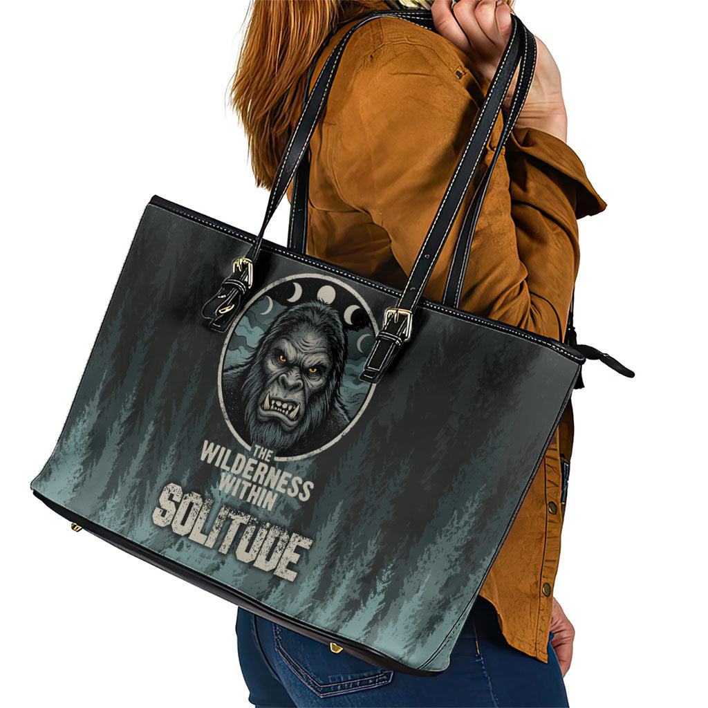 Bigfoot Wilderness Solitude Leather Tote Bag Cryptid Forest Graphic In Distressed Vintage Style