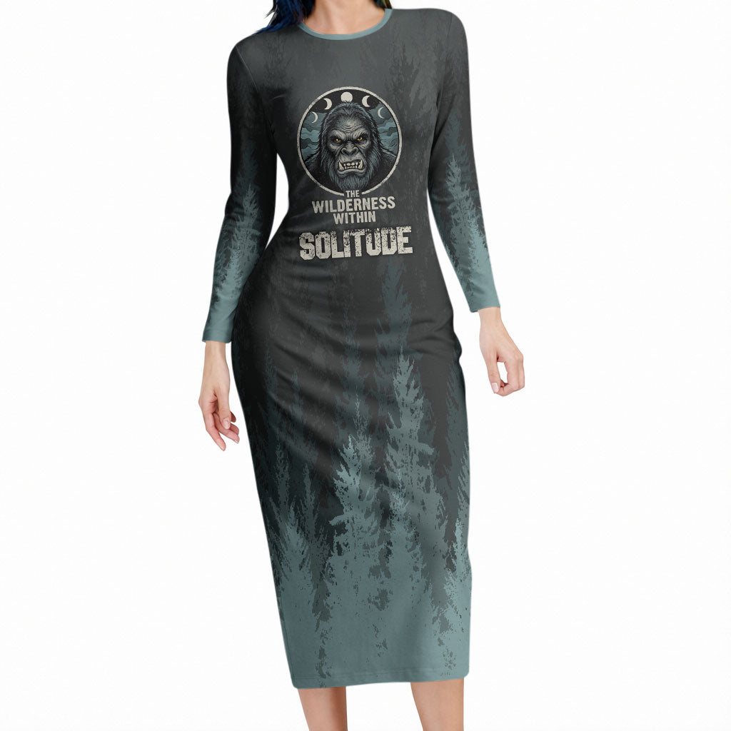 Bigfoot Wilderness Solitude Long Sleeve Bodycon Dress Cryptid Forest Graphic In Distressed Vintage Style
