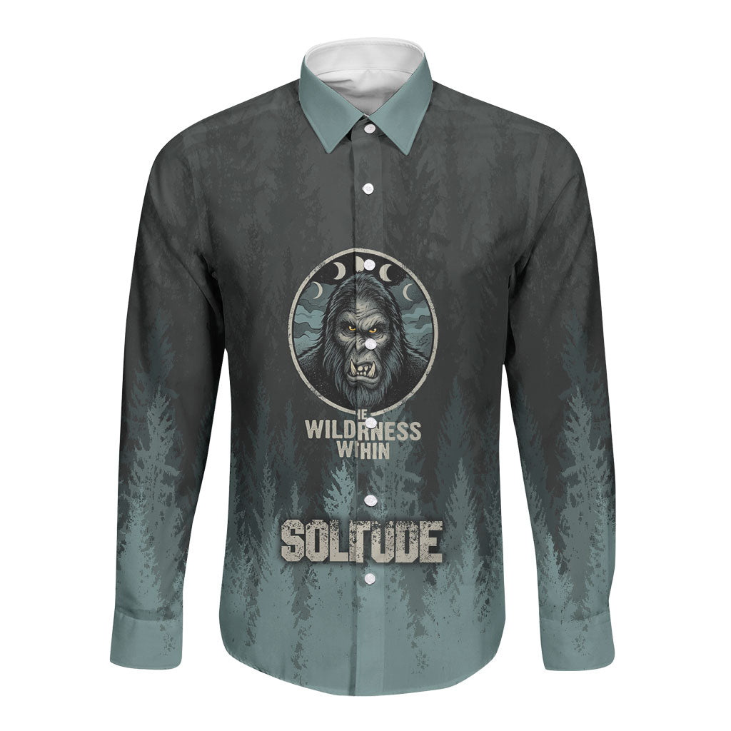 Bigfoot Wilderness Solitude Long Sleeve Button Shirt Cryptid Forest Graphic In Distressed Vintage Style
