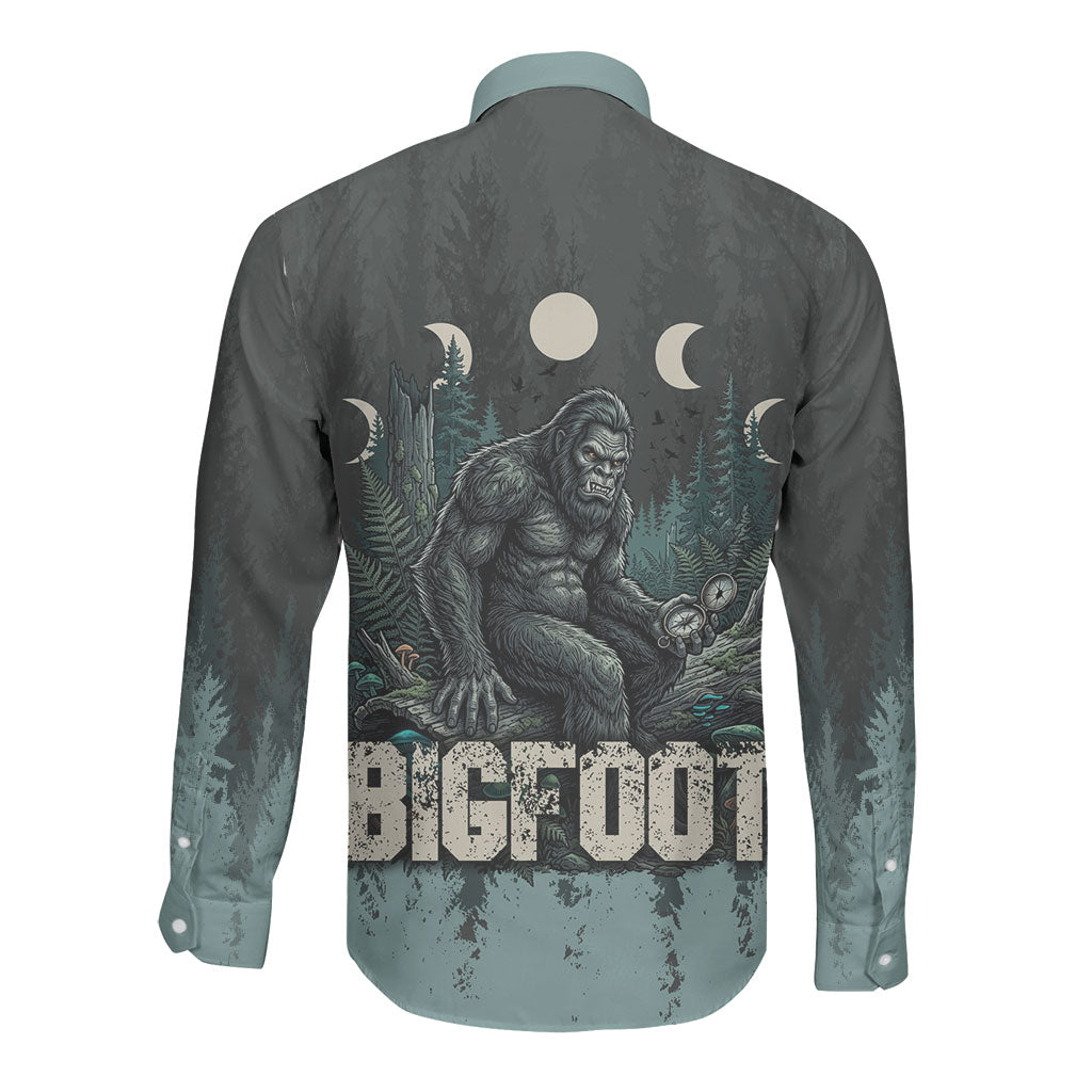 Bigfoot Wilderness Solitude Long Sleeve Button Shirt Cryptid Forest Graphic In Distressed Vintage Style