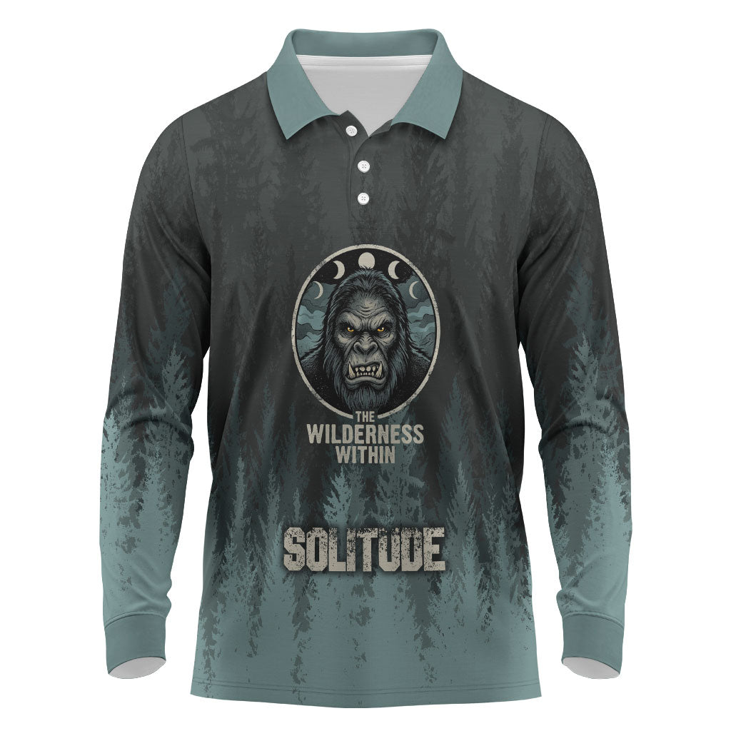 Bigfoot Wilderness Solitude Long Sleeve Polo Shirt Cryptid Forest Graphic In Distressed Vintage Style