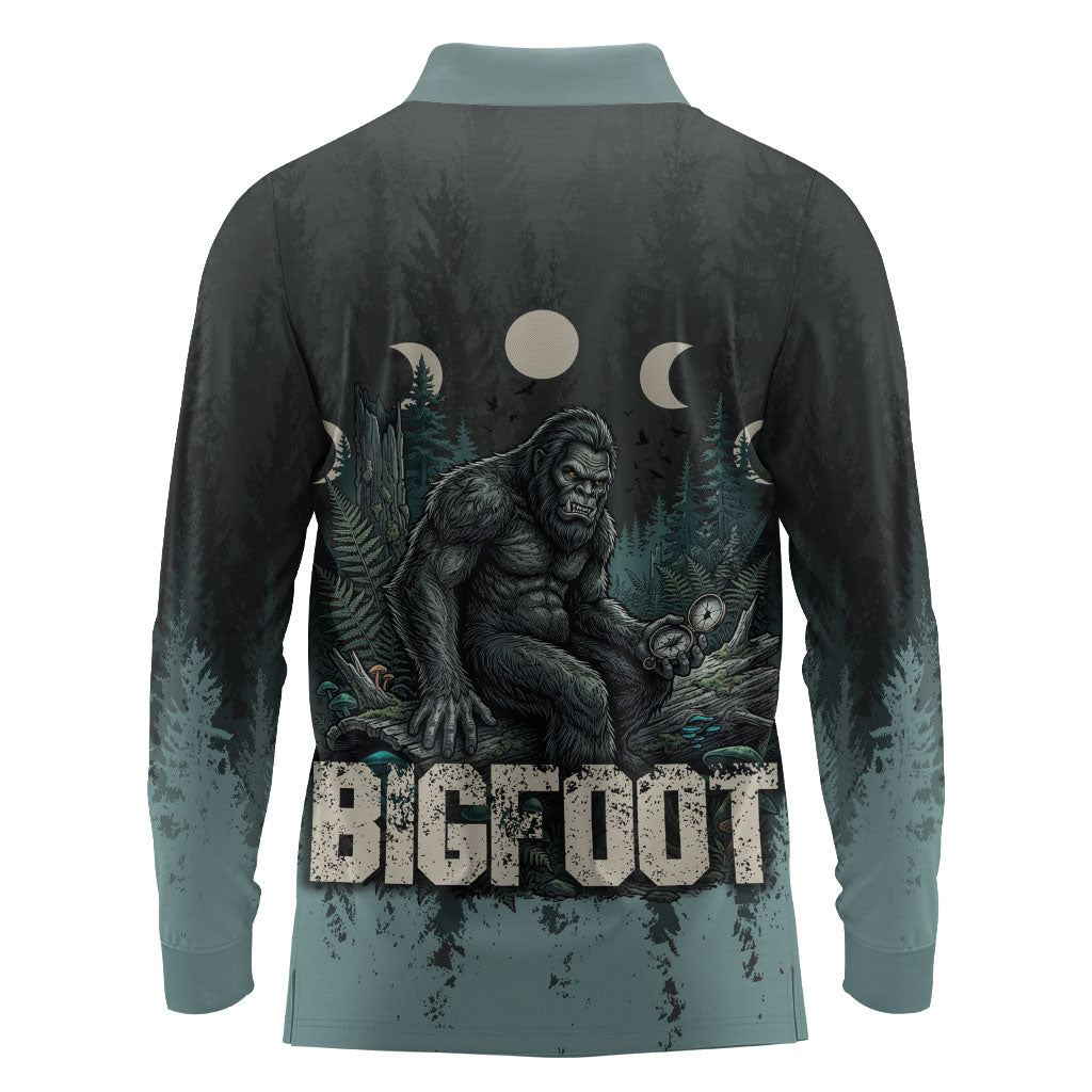 Bigfoot Wilderness Solitude Long Sleeve Polo Shirt Cryptid Forest Graphic In Distressed Vintage Style