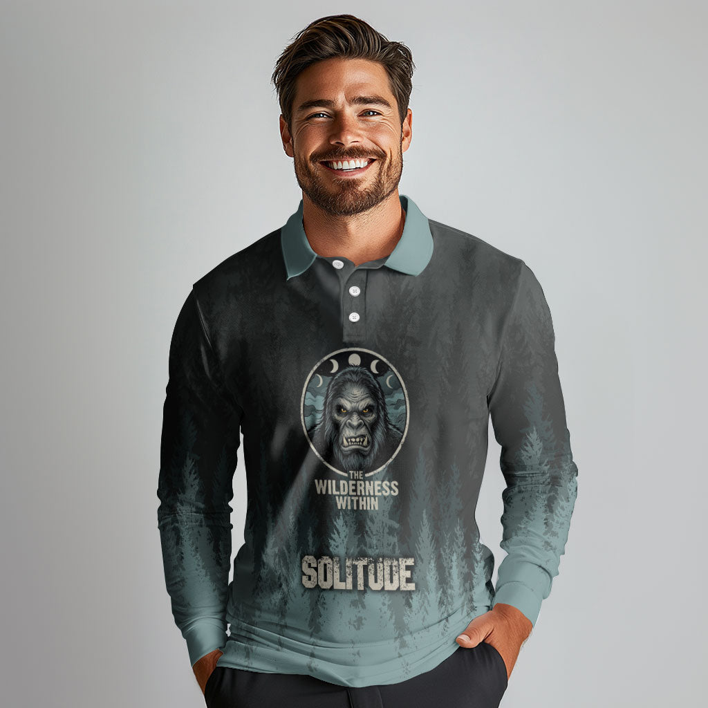 Bigfoot Wilderness Solitude Long Sleeve Polo Shirt Cryptid Forest Graphic In Distressed Vintage Style