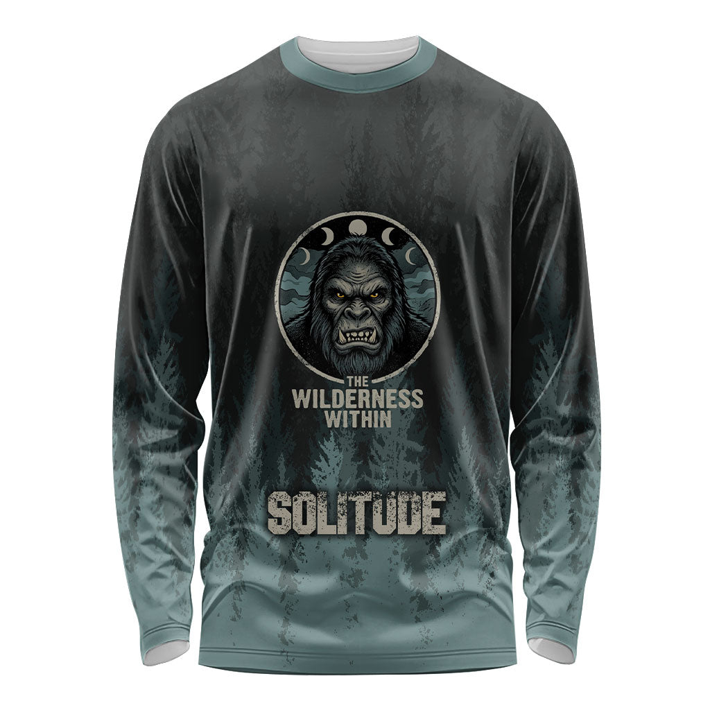 Bigfoot Wilderness Solitude Long Sleeve Shirt Cryptid Forest Graphic In Distressed Vintage Style