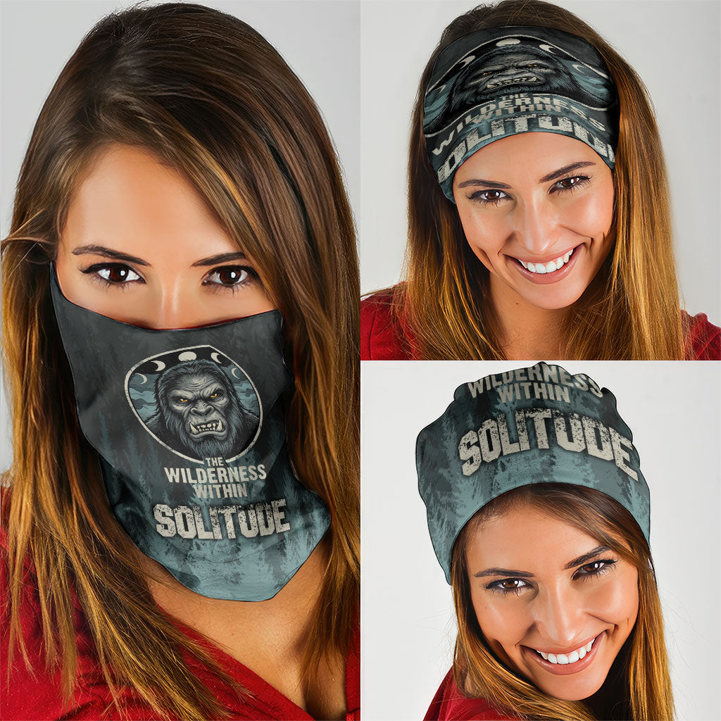 Bigfoot Wilderness Solitude Neck Gaiter Cryptid Forest Graphic In Distressed Vintage Style