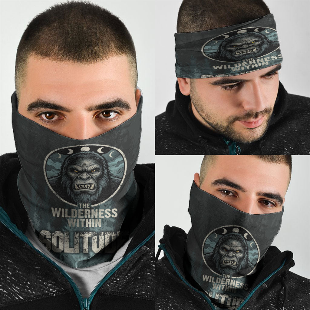 Bigfoot Wilderness Solitude Neck Gaiter Cryptid Forest Graphic In Distressed Vintage Style