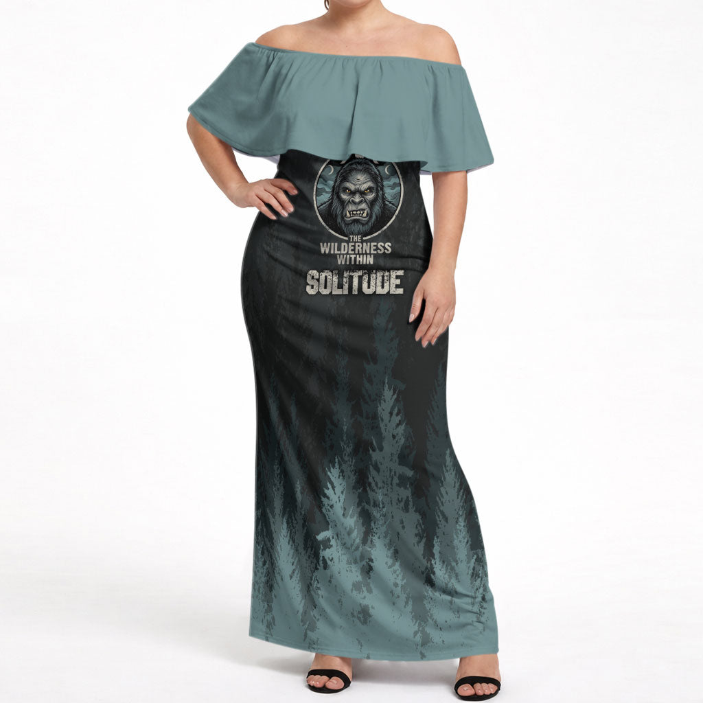 Bigfoot Wilderness Solitude Off Shoulder Maxi Dress Cryptid Forest Graphic In Distressed Vintage Style