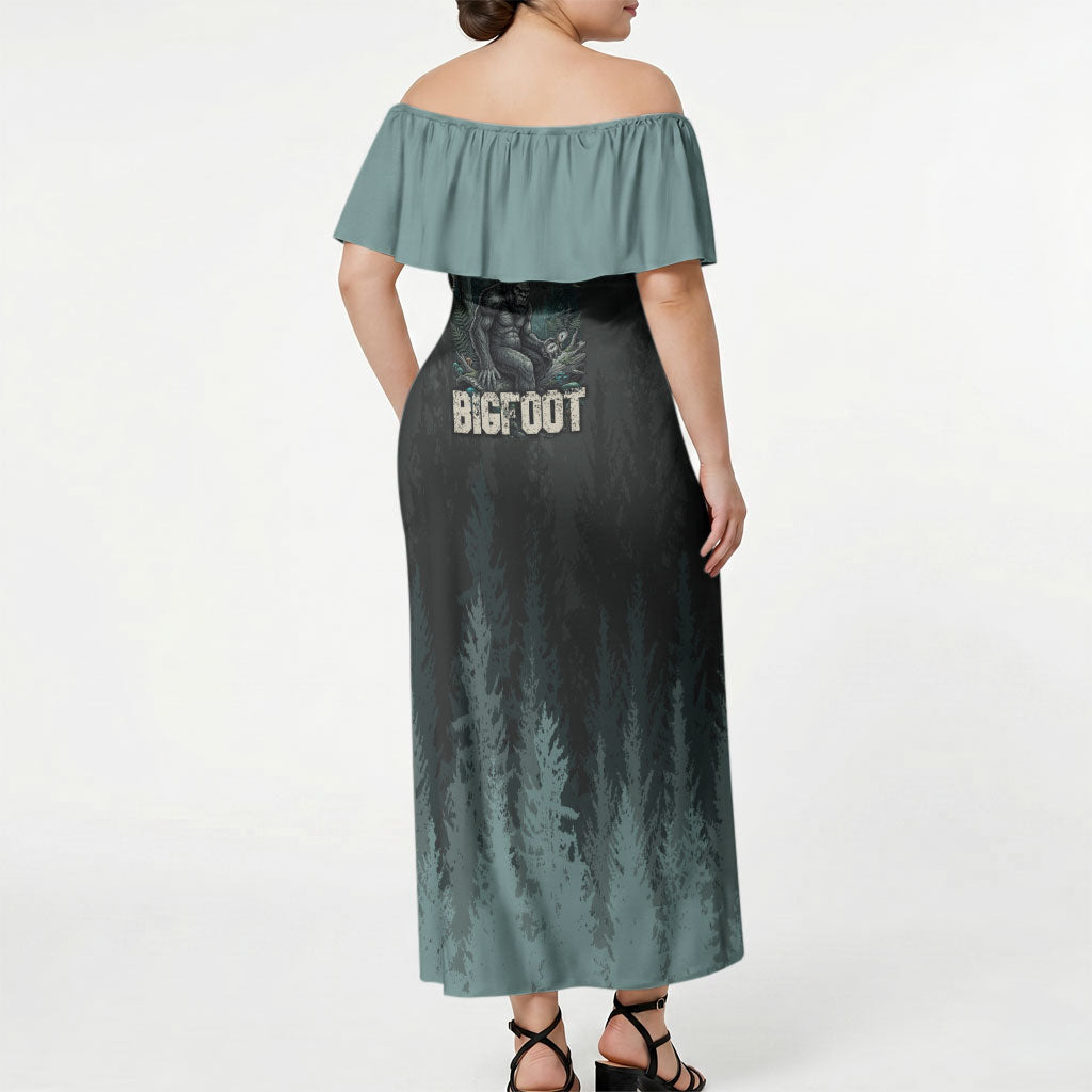 Bigfoot Wilderness Solitude Off Shoulder Maxi Dress Cryptid Forest Graphic In Distressed Vintage Style