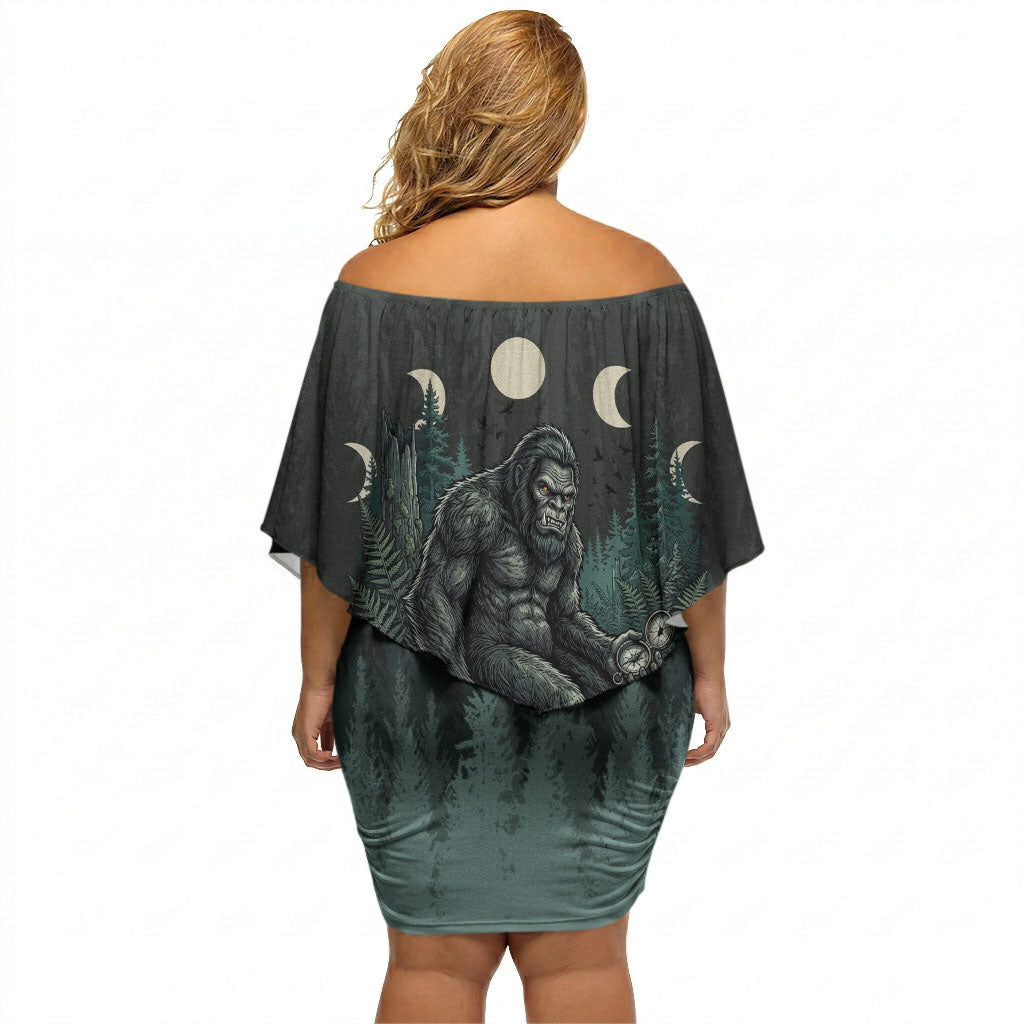 Bigfoot Wilderness Solitude Off Shoulder Short Dress Cryptid Forest Graphic In Distressed Vintage Style