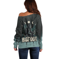 Bigfoot Wilderness Solitude Off Shoulder Sweater Cryptid Forest Graphic In Distressed Vintage Style