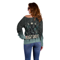 Bigfoot Wilderness Solitude Off Shoulder Sweater Cryptid Forest Graphic In Distressed Vintage Style