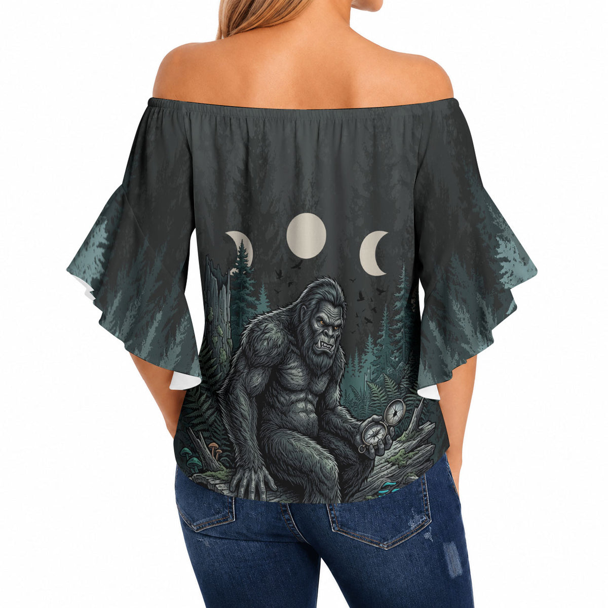 Bigfoot Wilderness Solitude Off Shoulder Wrap Waist Top Cryptid Forest Graphic In Distressed Vintage Style