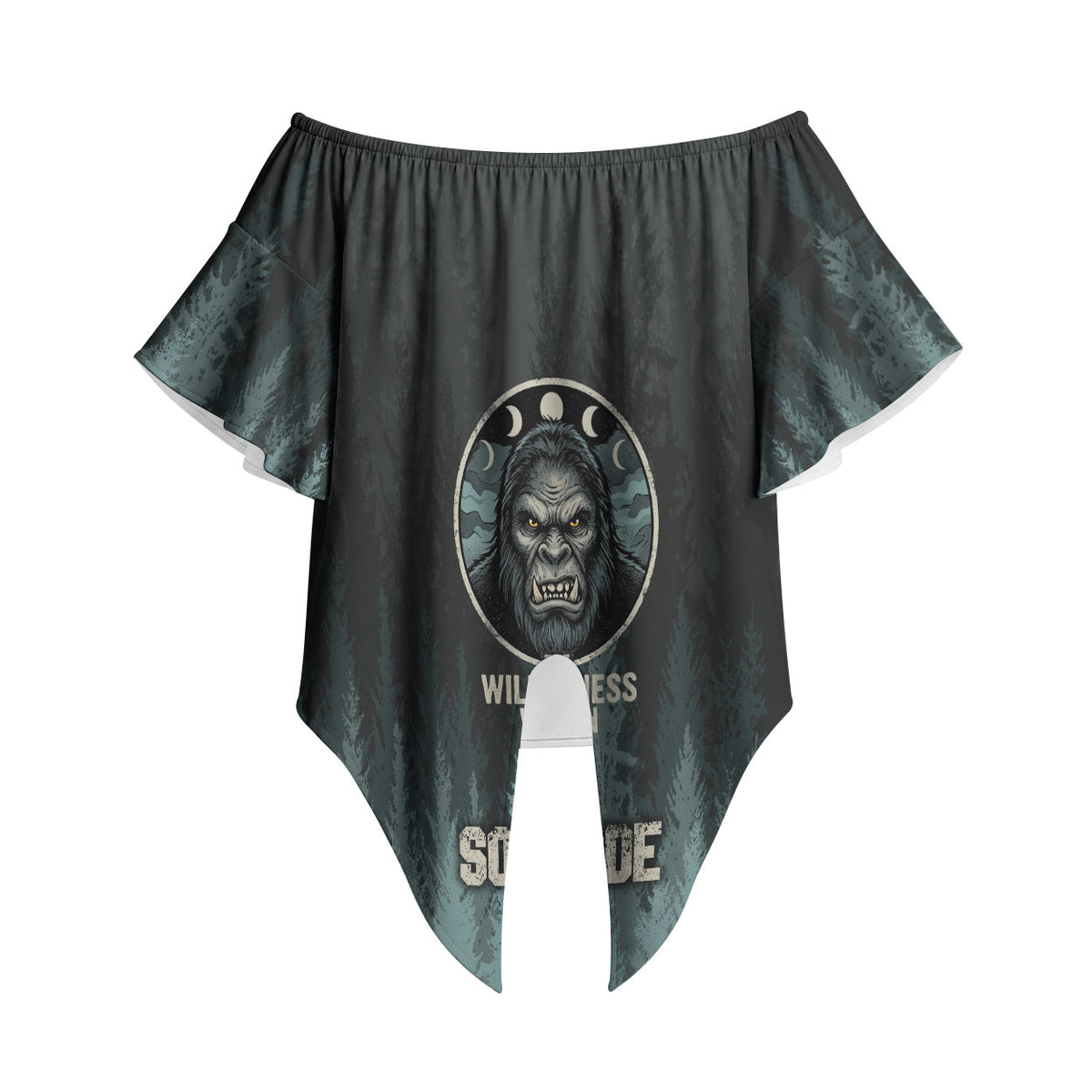 Bigfoot Wilderness Solitude Off Shoulder Wrap Waist Top Cryptid Forest Graphic In Distressed Vintage Style