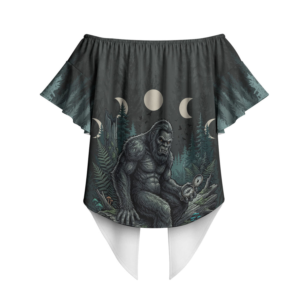 Bigfoot Wilderness Solitude Off Shoulder Wrap Waist Top Cryptid Forest Graphic In Distressed Vintage Style