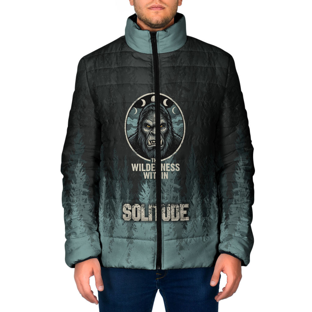 Bigfoot Wilderness Solitude Padded Jacket Cryptid Forest Graphic In Distressed Vintage Style
