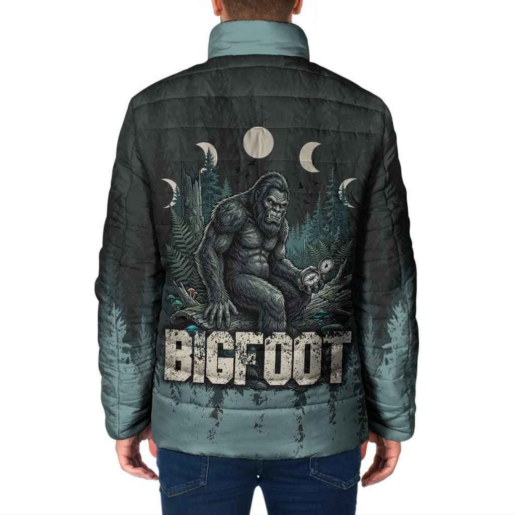 Bigfoot Wilderness Solitude Padded Jacket Cryptid Forest Graphic In Distressed Vintage Style