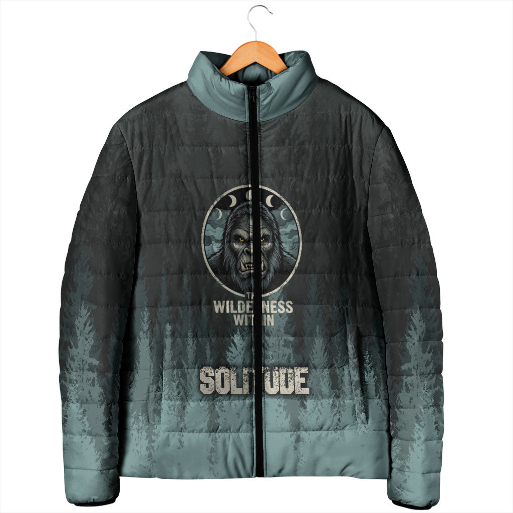Bigfoot Wilderness Solitude Padded Jacket Cryptid Forest Graphic In Distressed Vintage Style