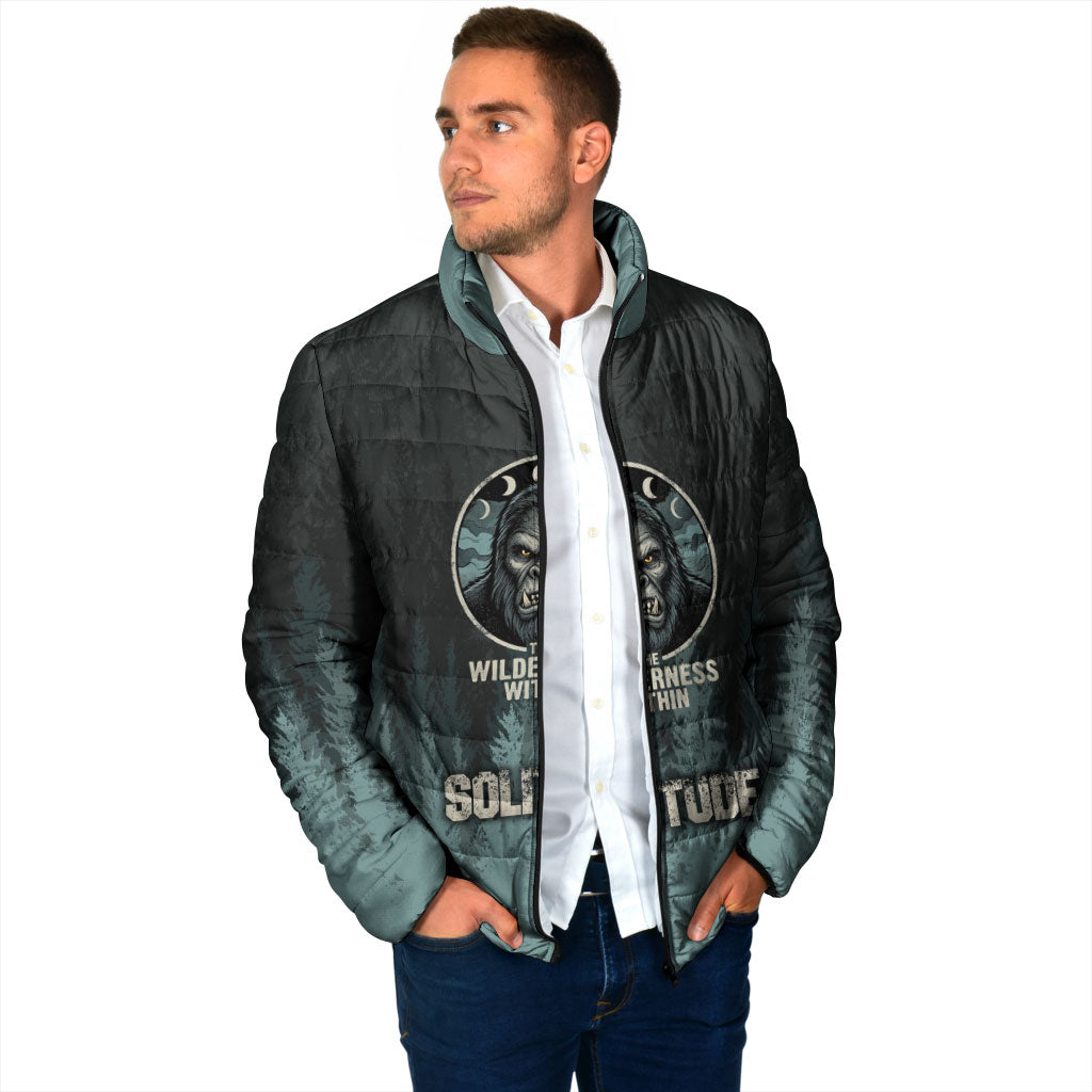Bigfoot Wilderness Solitude Padded Jacket Cryptid Forest Graphic In Distressed Vintage Style