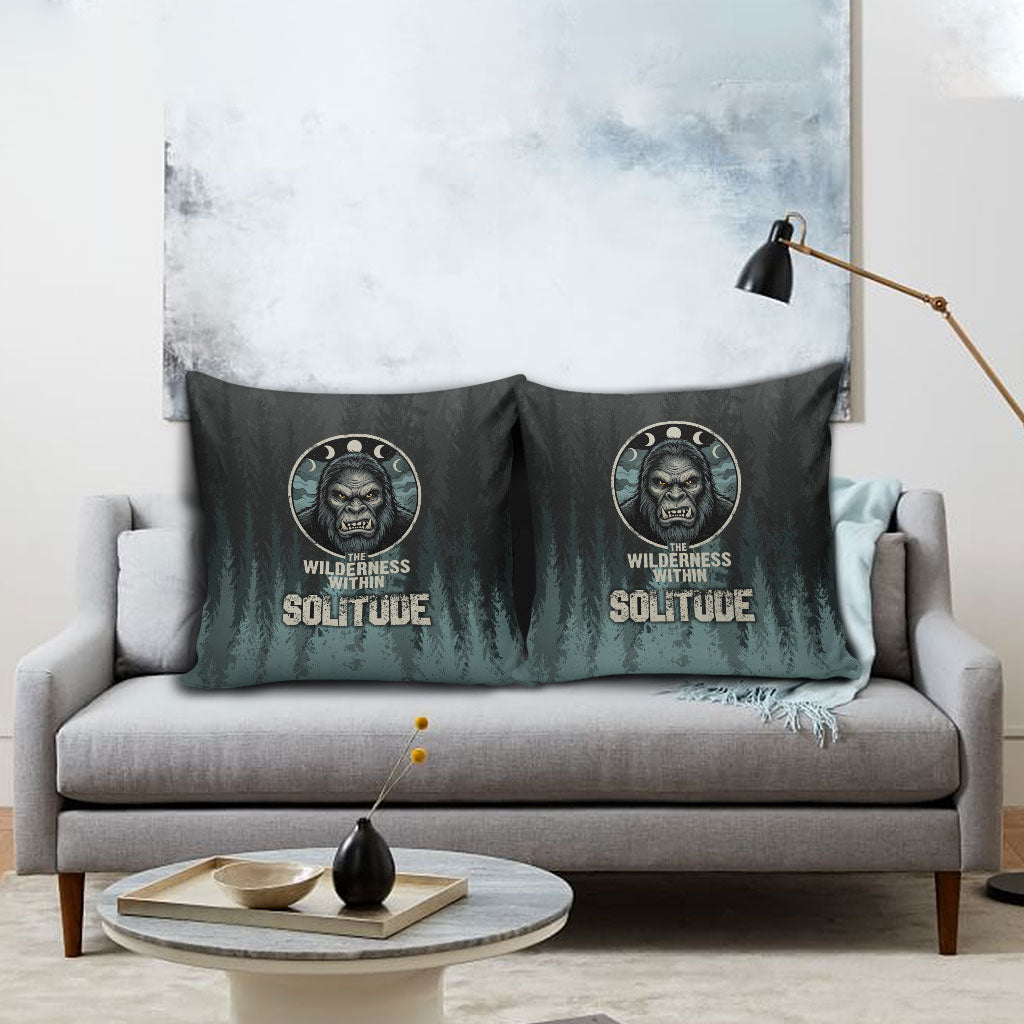 Bigfoot Wilderness Solitude Pillow Cover Cryptid Forest Graphic In Distressed Vintage Style