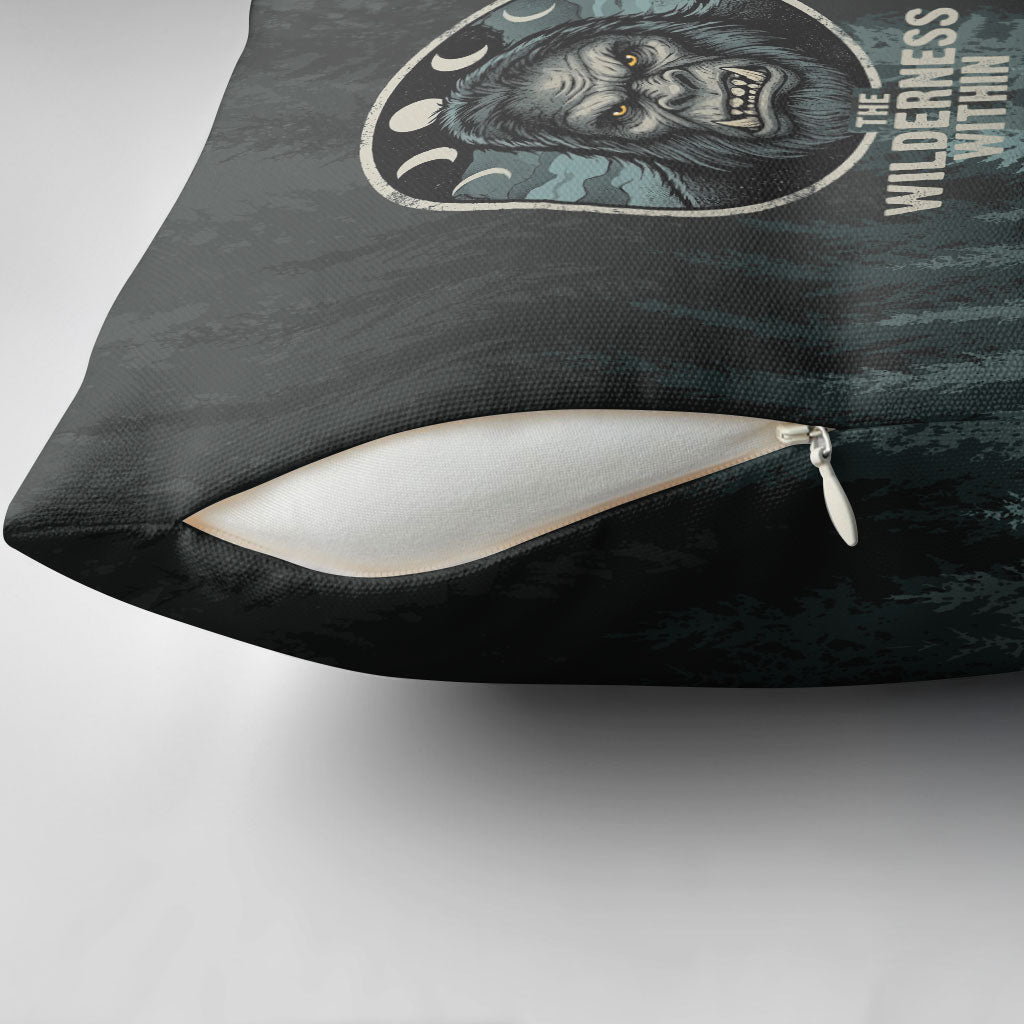 Bigfoot Wilderness Solitude Pillow Cover Cryptid Forest Graphic In Distressed Vintage Style