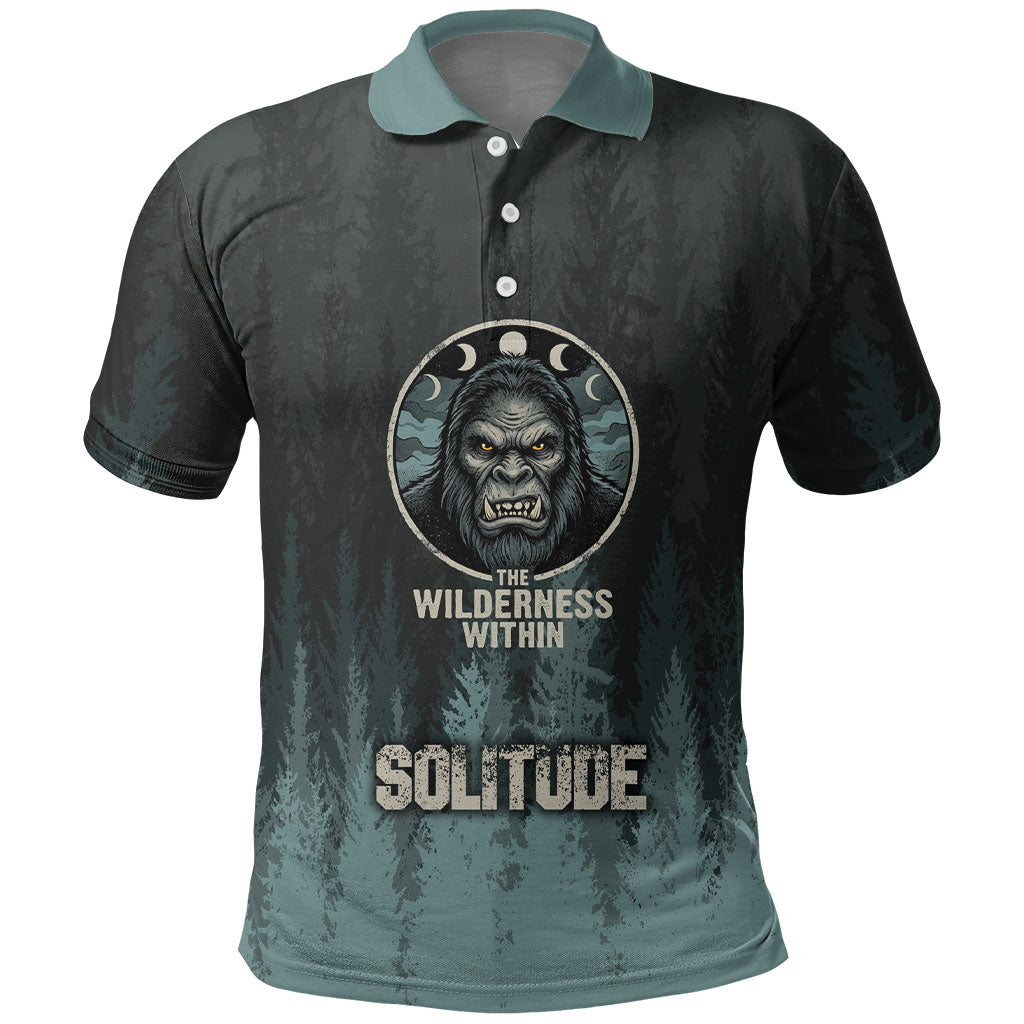 Bigfoot Wilderness Solitude Polo Shirt Cryptid Forest Graphic In Distressed Vintage Style
