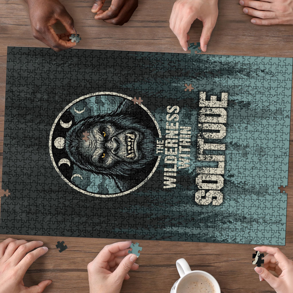Bigfoot Wilderness Solitude Puzzle Cryptid Forest Graphic In Distressed Vintage Style
